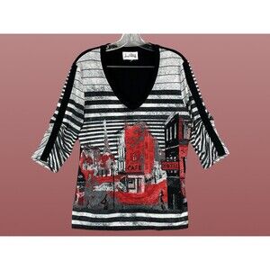 Joseph Ribkoff Women L Top Art Nouveau Paris City Striped Graphic Drapey Stretch